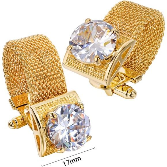 Mens Cufflinks with Chain - Stone and Shiny Gold Tone Shirt Accessories - Picture 5 of 6